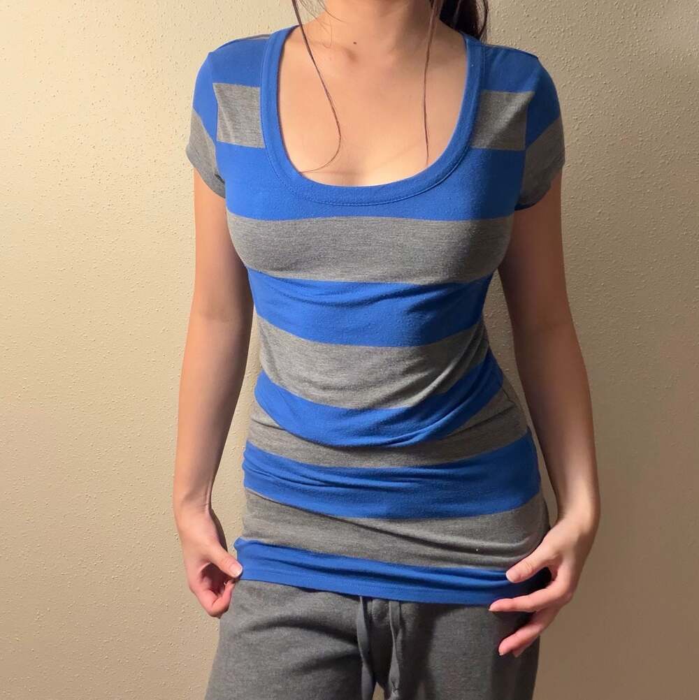 I'm in Love with Derek Blue and Gray Striped Scoop Neck Short Sleeve T-Shirt